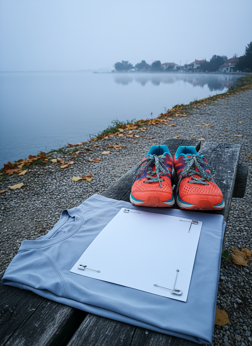A close-up photographic scene of colorful running shoes and a neatly arranged race bib substitute, represented by a blank, crisp white rectangle pinned to a lightweight technical running shirt laid on a wooden bench near a lagoon. The bench sits beside a narrow coastal path with textured gravel and scattered dry leaves. In the background, out of focus, the serene Aetoliko lagoon glows in soft early-morning light, with mist hovering over the water and silhouettes of low houses on the opposite shore. The light is cool and diffused, suggesting pre-race anticipation, creating gentle highlights on the fabric and laces. Shot from a slightly elevated angle with shallow depth of field and a playful, vibrant, photographic realism, evoking the excitement of race day preparation without showing any people or text.