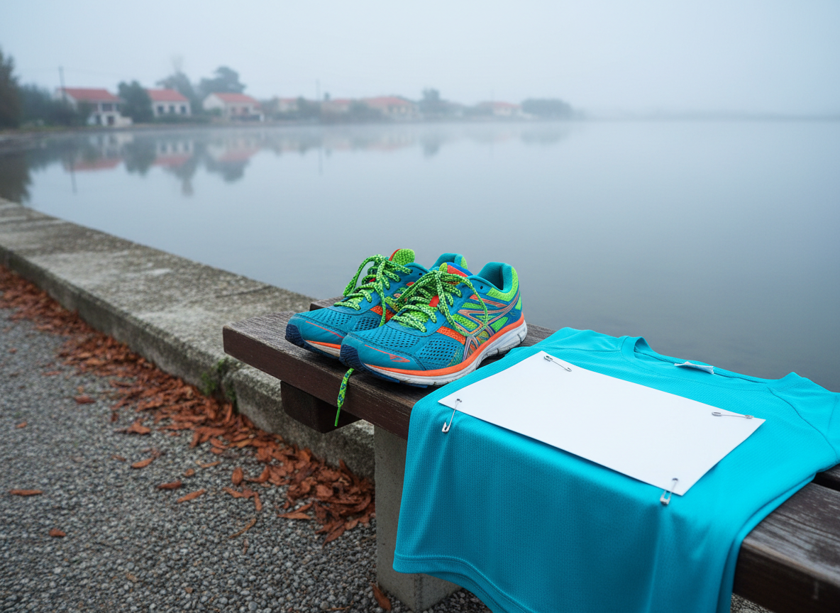 A close-up photographic scene of colorful running shoes and a neatly arranged race bib substitute, represented by a blank, crisp white rectangle pinned to a lightweight technical running shirt laid on a wooden bench near a lagoon. The bench sits beside a narrow coastal path with textured gravel and scattered dry leaves. In the background, out of focus, the serene Aetoliko lagoon glows in soft early-morning light, with mist hovering over the water and silhouettes of low houses on the opposite shore. The light is cool and diffused, suggesting pre-race anticipation, creating gentle highlights on the fabric and laces. Shot from a slightly elevated angle with shallow depth of field and a playful, vibrant, photographic realism, evoking the excitement of race day preparation without showing any people or text.